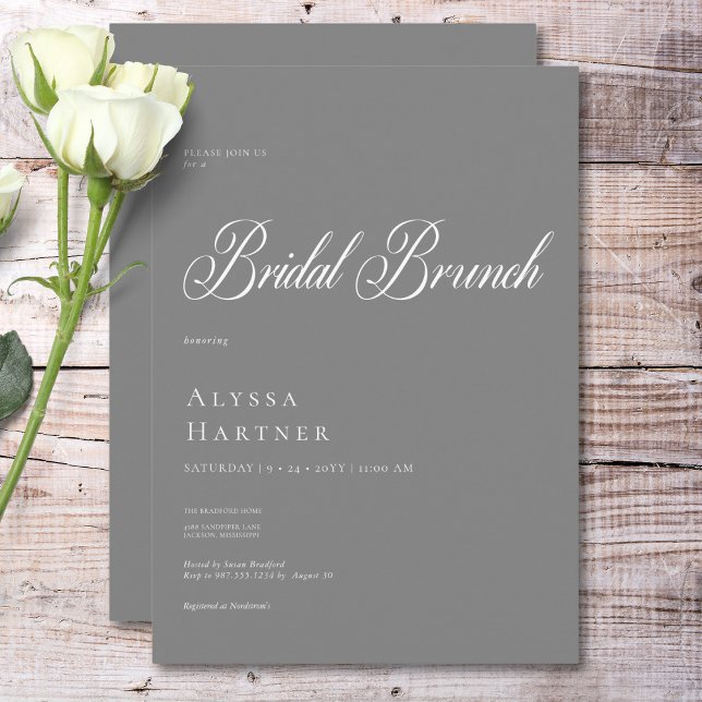 Convite Brunch Clássico Mínimo de Cinzas e Bridal Branca (Minimal Classic Gray & White Bridal Brunch Invitation)