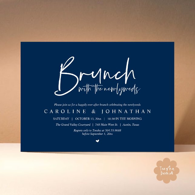 Convite Brunch com a Celebração de Casamento Poste de Newl (Brunch with the Newlyweds Post Modern Morning Wedding Celebration Invitation Card PDF Navy Blue)