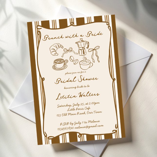 Convite Brunch com a noiva café retrô chá de noiva (Brunch with a bride retro brown stripes coffee bridal shower invitation cards template )