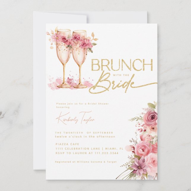 Convite Brunch Com A Noiva Dourado Rosa Chá de Noiva (Frente)