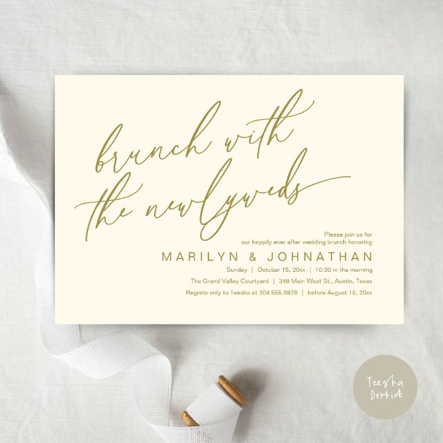 Convite Brunch Com Os Newlyweds, Celebração De Casamento P (Brunch With The Newlyweds, Romantic Modern Post Wedding Celebrate Invitation Card PDF Yellow Gold)