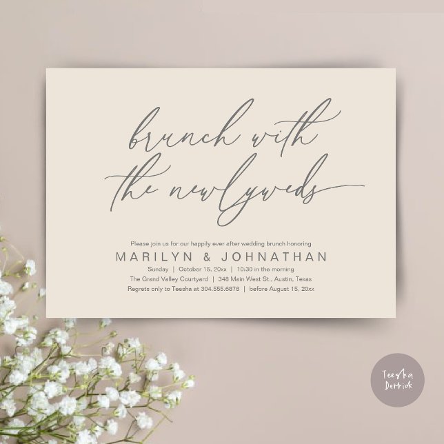 Convite Brunch Com Os Newlyweds, Celebração De Casamento P (Brunch With The Newlyweds, Romantic Modern Post Wedding Celebrate Invitation Card PDF Cream Grey)