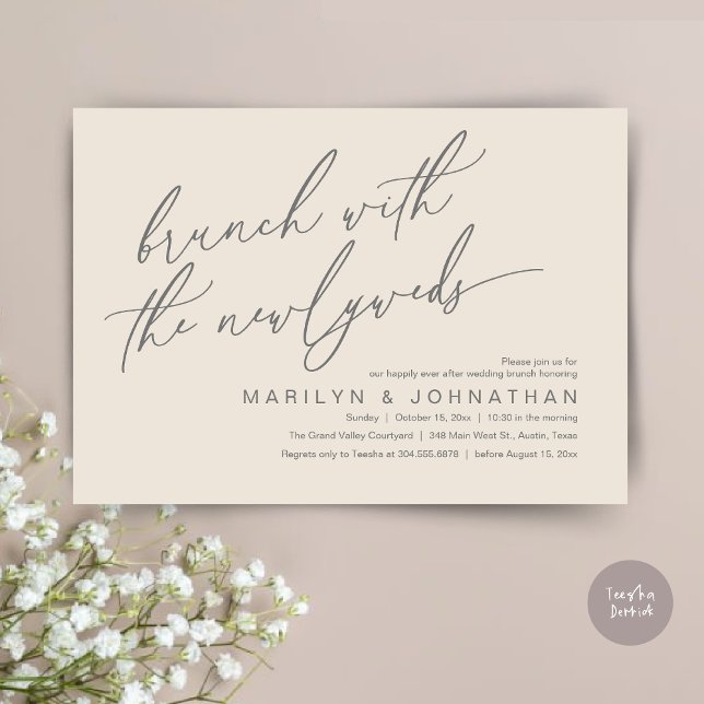 Convite Brunch Com Os Newlyweds, Celebração De Casamento P (Brunch With The Newlyweds, Romantic Modern Post Wedding Celebrate Invitation Card PDF Cream Grey)