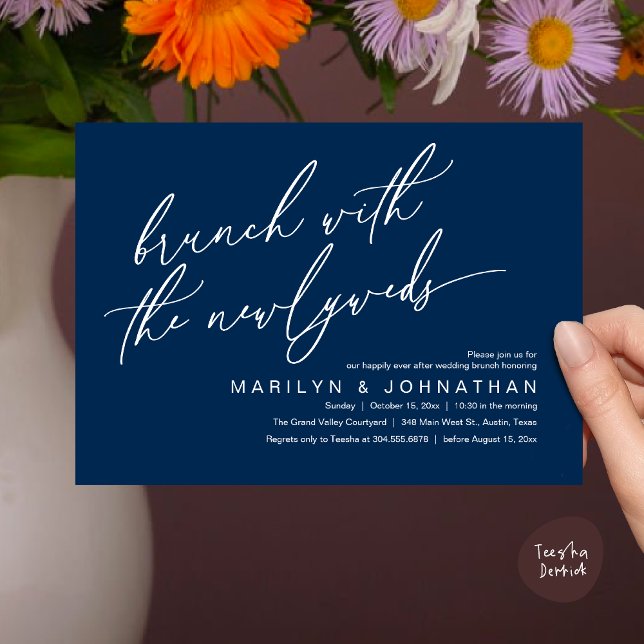 Convite Brunch Com Os Newlyweds, Celebração De Casamento P (Brunch With The Newlyweds, Romantic Modern Post Wedding Celebrate Invitation Card PDF Navy Blue)
