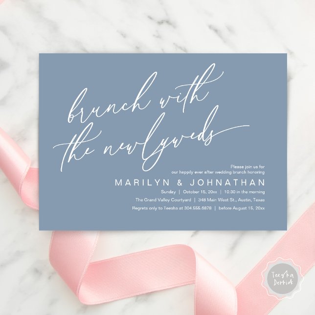 Convite Brunch Com Os Newlyweds, Celebração De Casamento P (Brunch With The Newlyweds, Romantic Modern Post Wedding Celebrate Invitation Card PDF Dusty Blue)
