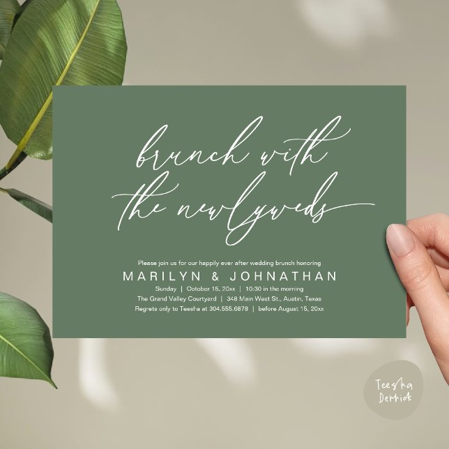 Convite Brunch Com Os Newlyweds, Celebração De Casamento P (Brunch With The Newlyweds, Romantic Modern Post Wedding Celebrate Invitation Card PDF Sage Green)
