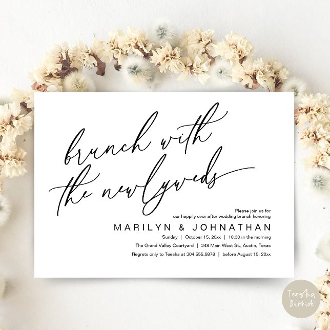 Convite Brunch Com Os Newlyweds, Celebração De Casamento P (Brunch With The Newlyweds, Romantic Modern Post Wedding Celebrate Invitation Card PDF Black White)