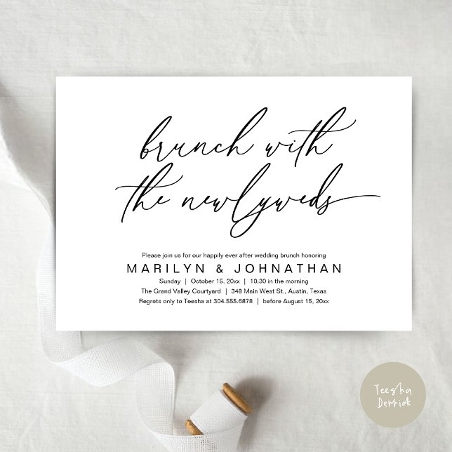 Convite Brunch Com Os Newlyweds, Celebração De Casamento P (Brunch With The Newlyweds, Romantic Modern Post Wedding Celebrate Invitation Card PDF Black White)