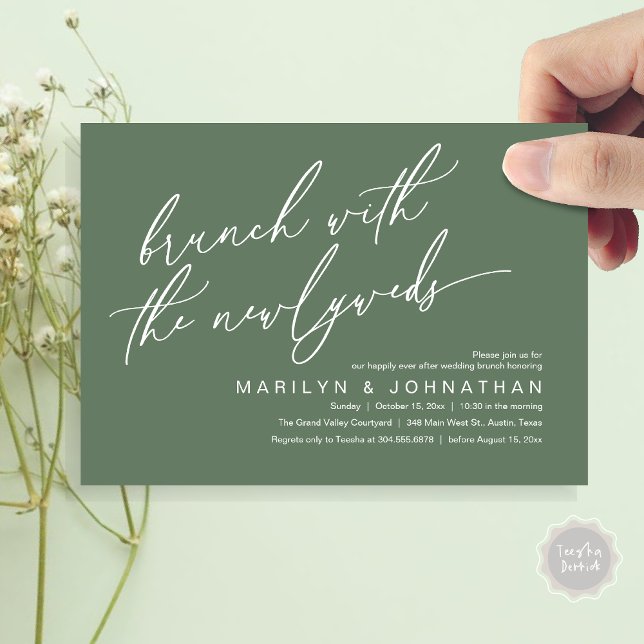 Convite Brunch Com Os Newlyweds, Celebração De Casamento P (Brunch With The Newlyweds, Romantic Modern Post Wedding Celebrate Invitation Card PDF Sage Green)