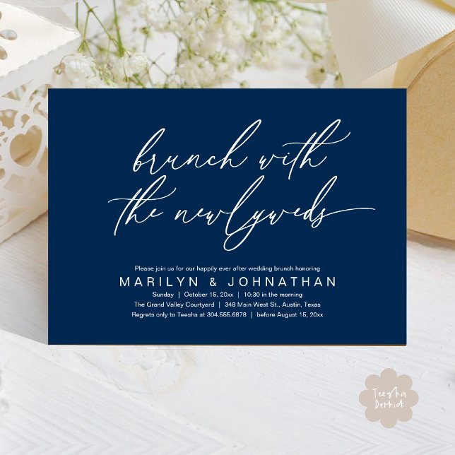 Convite Brunch Com Os Newlyweds, Celebração De Casamento P (Brunch With The Newlyweds, Romantic Modern Post Wedding Celebrate Invitation Card PDF Navy Blue)