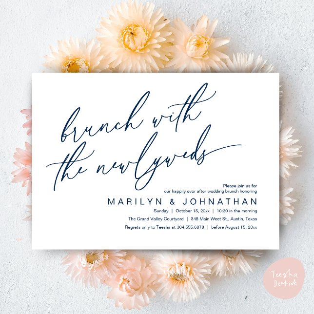 Convite Brunch Com Os Newlyweds, Celebração De Casamento P (Brunch With The Newlyweds, Romantic Modern Post Wedding Celebrate Invitation Card PDF navy Blue)