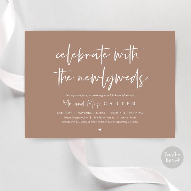 Convite Brunch com os recém-casados, após a festa de casam (Celebrate with the newlyweds, Wedding Brunch Invitation Card, PDF, in Taupe Brown)