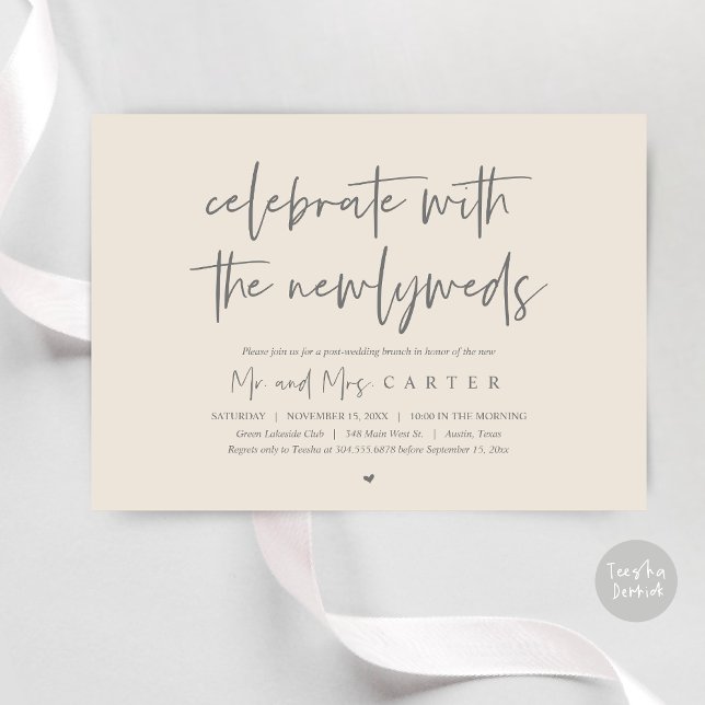 Convite Brunch com os recém-casados, após a festa de casam (Celebrate with the newlyweds, Wedding Brunch Invitation Card, PDF, in Cream and Grey)