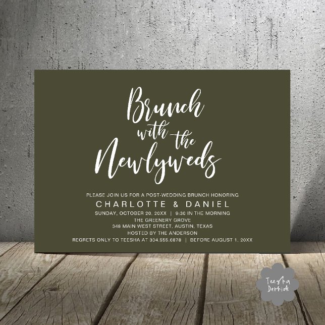 Convite Brunch com os recém-casados, Casamento às Pressas (Brunch with the newlyweds, Post Wedding Elopement Invitation Card PDF Olive Green)