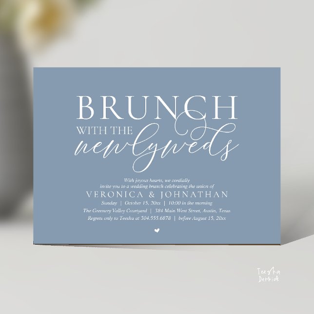 Convite Brunch com os recém-casados, Casamento Dusty Blue (Brunch with the newlyweds, Modern Classy Wedding Elopement Invitation Card in Dusty Blue)