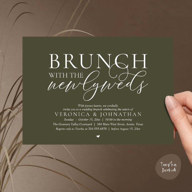 Convite Brunch com os recém-casados, Casamento Olive Green (Brunch with the newlyweds, Modern Classy Wedding Elopement Invitation Card in Olive Green)