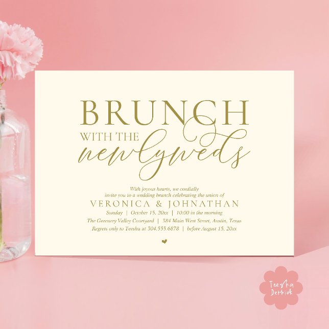 Convite Brunch com os recém-casados, Casamento Ouro Amarel (Brunch with the newlyweds, Modern Classy Wedding Elopement Invitation Card in Gold Yellow Cream)