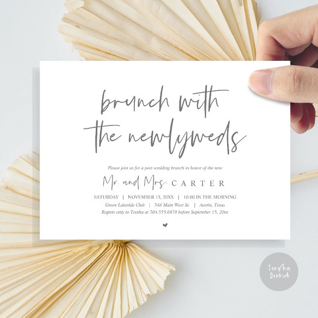 Convite Brunch com recém-casados, casamento poste, Cinza E (Brunch with the newlyweds, post wedding elopement invitation card, pdf, in dark grey)