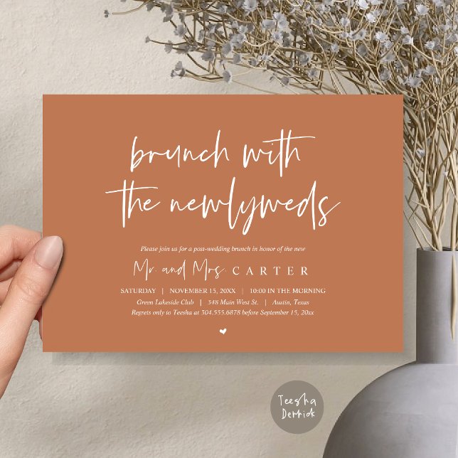Convite Brunch com recém-casados, casamento poste, em Cobr (Brunch with the newlyweds, post wedding elopement invitation card, pdf, in copper rust brown)