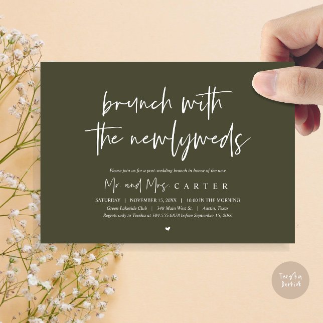 Convite Brunch com recém-casados, casamento poste, em Oliv (Brunch with the newlyweds, post wedding elopement invitation card, pdf, in olive green)