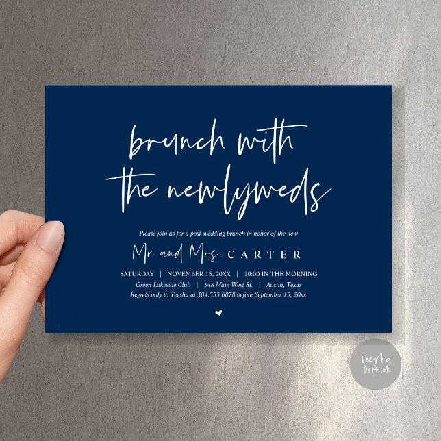 Convite Brunch com recém-casados, casamento poste, Marinho (Brunch with the newlyweds, post wedding elopement invitation card, pdf, in navy blue)