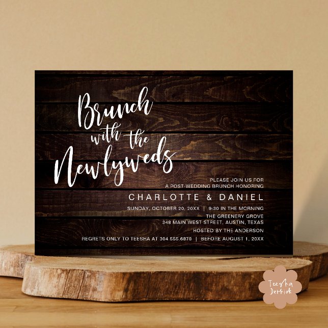 Convite Brunch com recém-casados, Elopemento de Casamento (Brunch with the newlyweds, Post Wedding Elopement Invitation Card PDF Cottage Dark Wood Background)