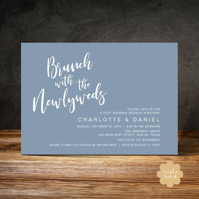 Convite Brunch com recém-casados, Elopemento de Casamento (Brunch with the newlyweds, Post Wedding Elopement Invitation Card PDF Dusty Blue)