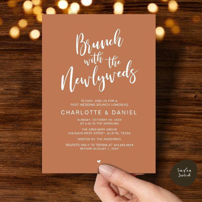 Convite Brunch com recém-casados, Elopemento de Casamento (Brunch with the newlyweds, Post Wedding Elopement Invitation Card PDF Copper Brown Terracotta)