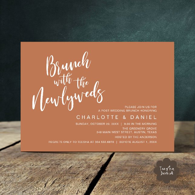 Convite Brunch com recém-casados, Elopemento de Casamento (Brunch with the newlyweds, Post Wedding Elopement Invitation Card PDF Copper Brown Terracotta)