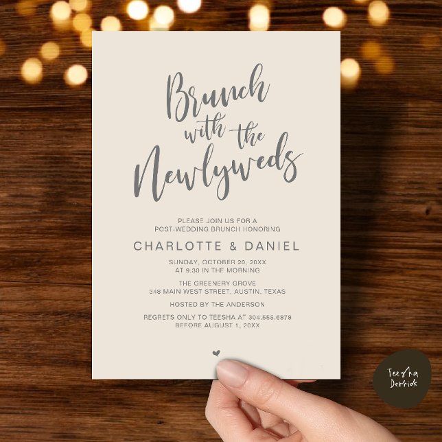 Convite Brunch com recém-casados, Elopemento de Casamento (Brunch with the newlyweds, Post Wedding Elopement Invitation Card PDF Cream Grey)