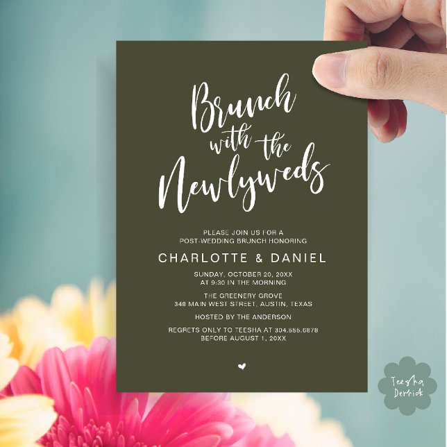 Convite Brunch com recém-casados, Elopemento de Casamento (Brunch with the newlyweds, Post Wedding Elopement Invitation Card PDF Olive Green)