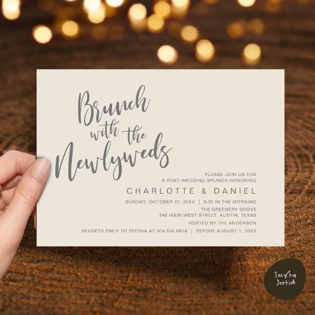 Convite Brunch com recém-casados, Elopemento de Casamento (Brunch with the newlyweds, Post Wedding Elopement Invitation Card PDF Cream Grey)