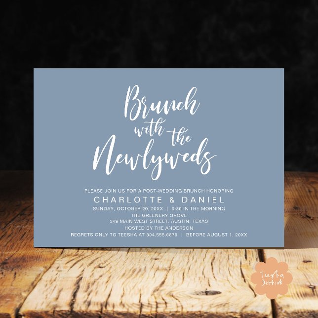 Convite Brunch com recém-casados, Elopemento de Casamento (Brunch with the newlyweds, Post Wedding Elopement Invitation Card PDF Dusty Blue)