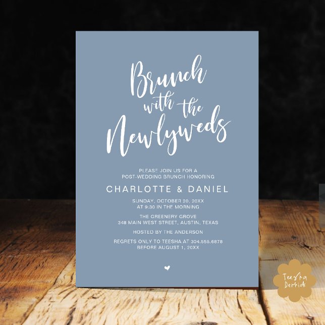 Convite Brunch com recém-casados, Elopemento de Casamento (Brunch with the newlyweds, Post Wedding Elopement Invitation Card PDF Dusty Blue)