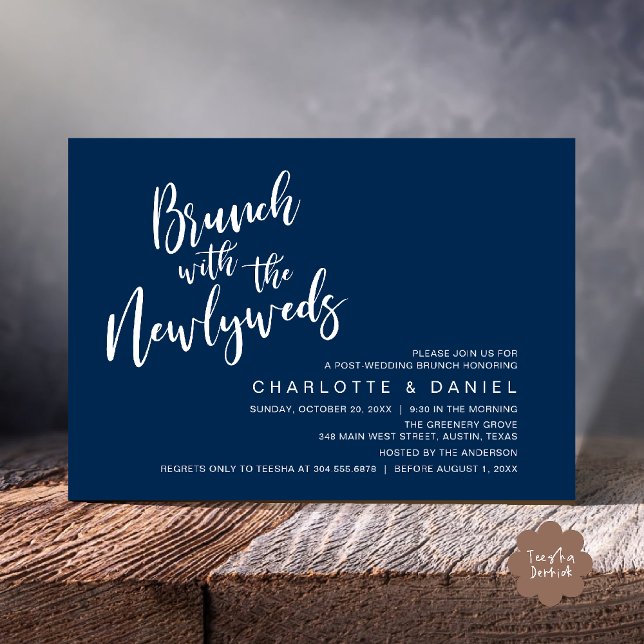 Convite Brunch com recém-casados, Elopemento de Casamento (Brunch with the newlyweds, Post Wedding Elopement Invitation Card PDF Navy Blue)