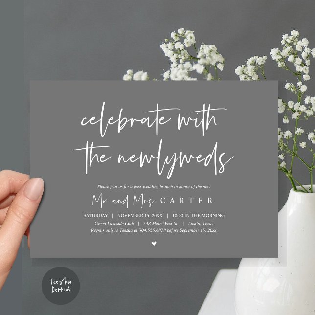 Convite Brunch com recém-casados, festa de casamento posta (Celebrate with the newlyweds, Wedding Brunch Invitation Card, PDF, in Dark Grey)