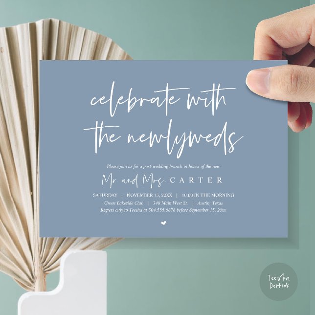 Convite Brunch com recém-casados, festa de casamento posta (Celebrate with the newlyweds, Wedding Brunch Invitation Card, PDF, in Dusty Blue)
