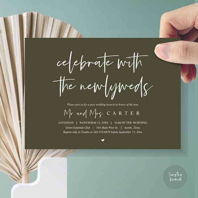 Convite Brunch com recém-casados, festa de casamento posta (Celebrate with the newlyweds, Wedding Brunch Invitation Card, PDF, in Olive Green)