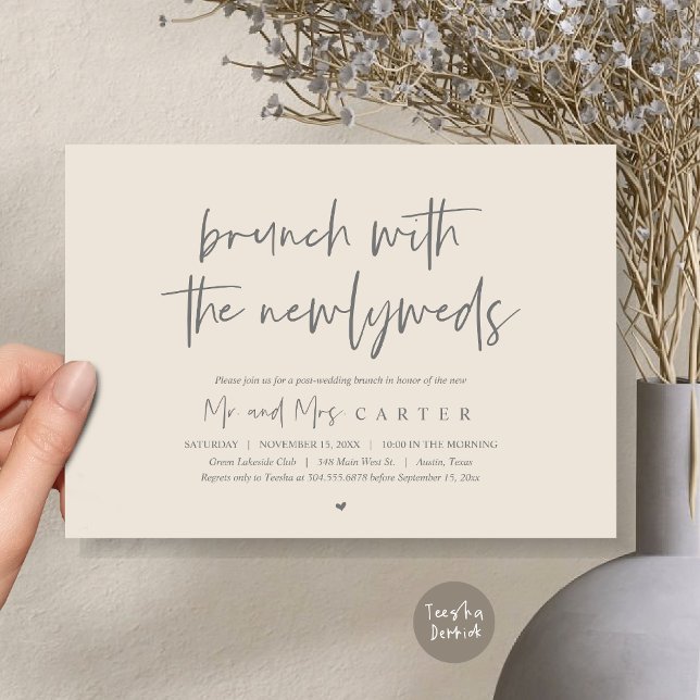 Convite Brunch com recém-casados, poste a Cinza de casamen (Brunch with the newlyweds, post wedding elopement invitation card, pdf, in cream and grey)