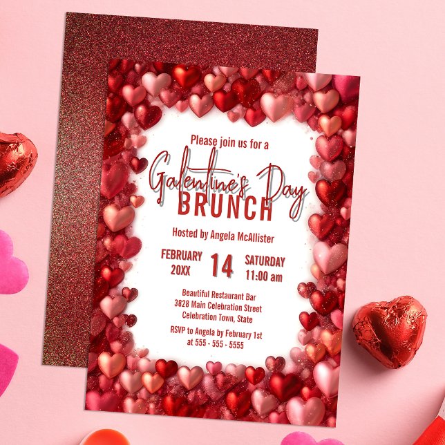 Convite Brunch da Galentine, de Corações Vermelhos e Rosa- (Criador carregado)