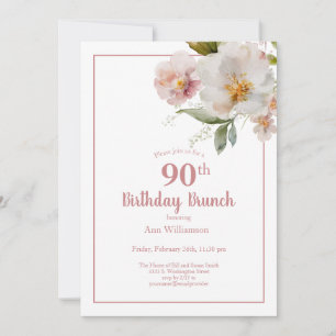 Convite Brunch de 90 anos em Rosa Bege Floral Aquarela