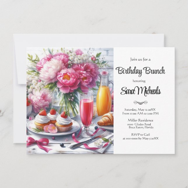 Convite Brunch de Aniversário com Flor de Peônia Elegante (Frente)