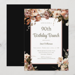 Convite Brunch de Aniversário de 90 anos Preto Floral Rosa