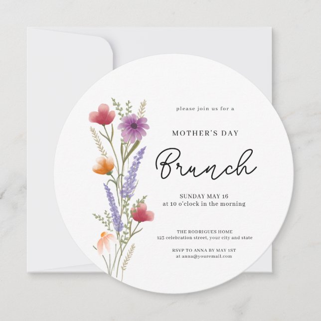 Convite Brunch de Aquarela de Flores Silvestres Dia das Mã (Frente)