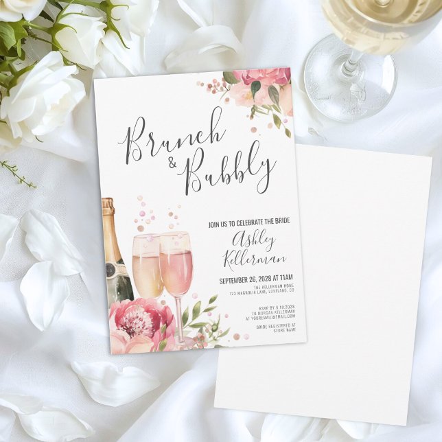 Convite Brunch de Aquarela e Espumante Floral Chá de Bebê  (Watercolor Brunch And Bubbly Floral Bridal Shower Invitation)