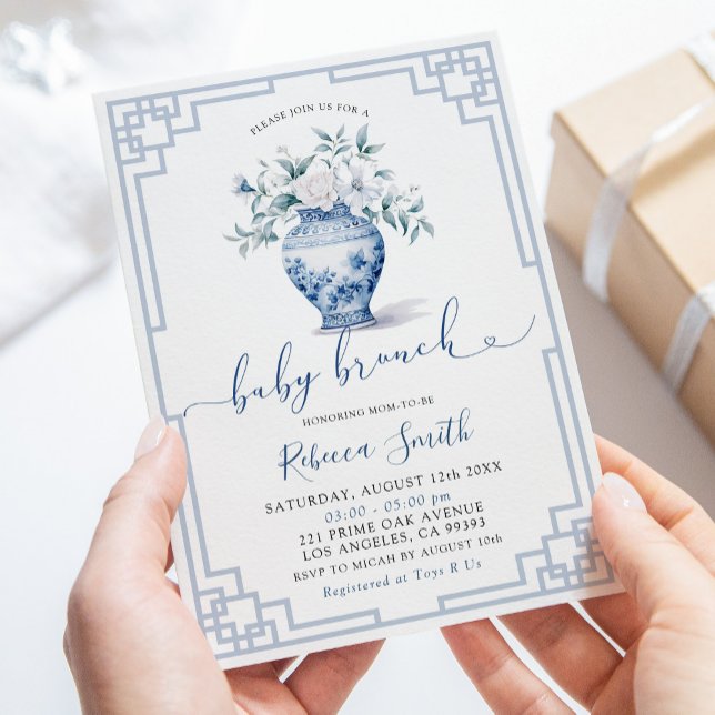Convite Brunch de Bebê Jarro de Gengibre Floral Branco Chi (Criador carregado)
