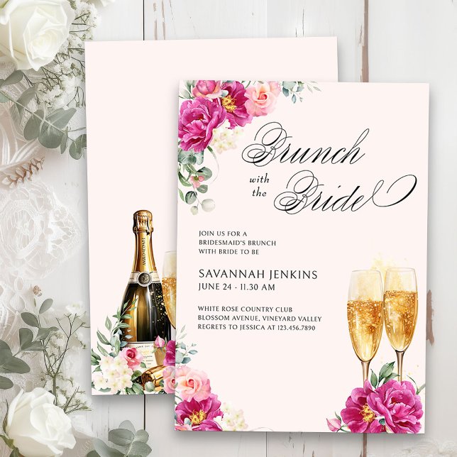 Convite Brunch de Bridesmaid com Champanhe Rosa-Bride (Brunch with the Bride floral champagne bridesmaid's brunch invitation on blush pink)