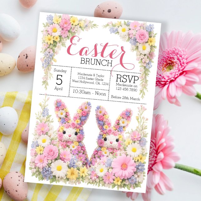 Convite Brunch de Caça aos Ovos de Páscoa do Coelho Bunny  (Sweet Flower Bunny Rabbit Easter Egg Hunt Brunch Invitation by Ricaso. Bruch with family and friends)