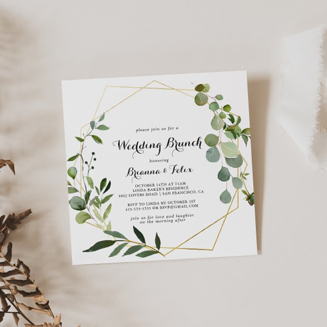 Convite Brunch de Caligrafia Tropical Dourada Geométrica (Criador carregado)