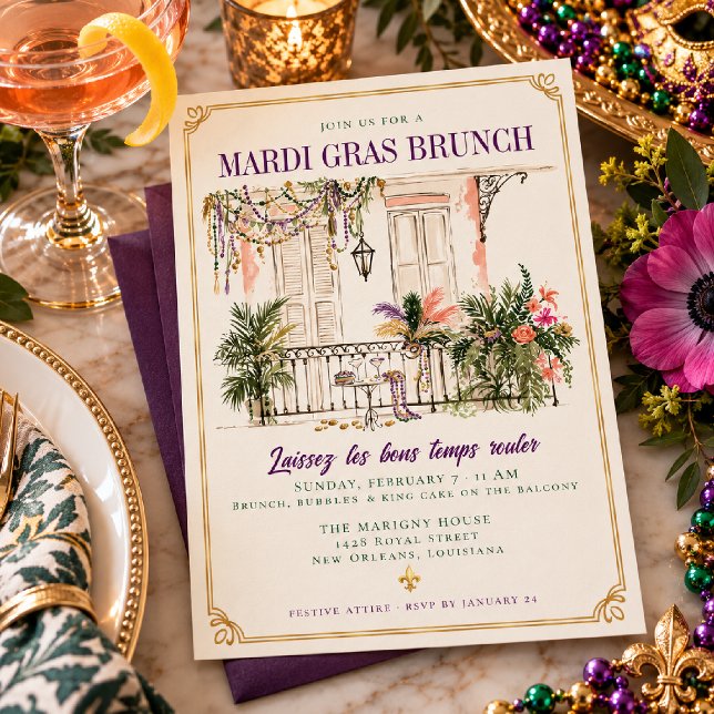 Convite Brunch de Carnaval Varanda de Nova Orleans (Criador carregado)